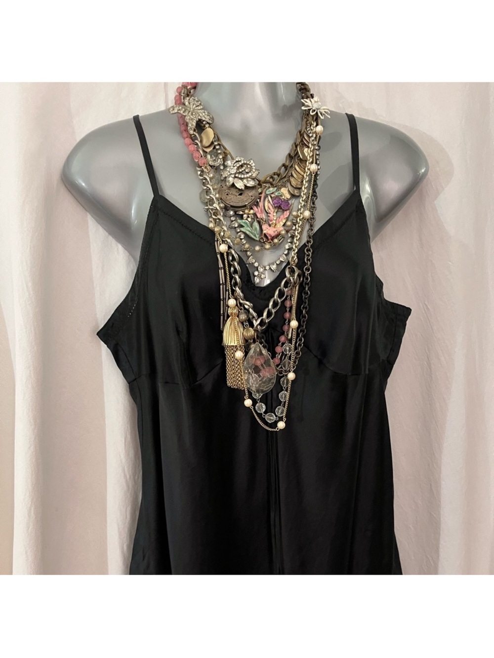 Layered Hand Made Gold Necklace with Gold Tones and Pink Floral Accents - Picture 5 of 5